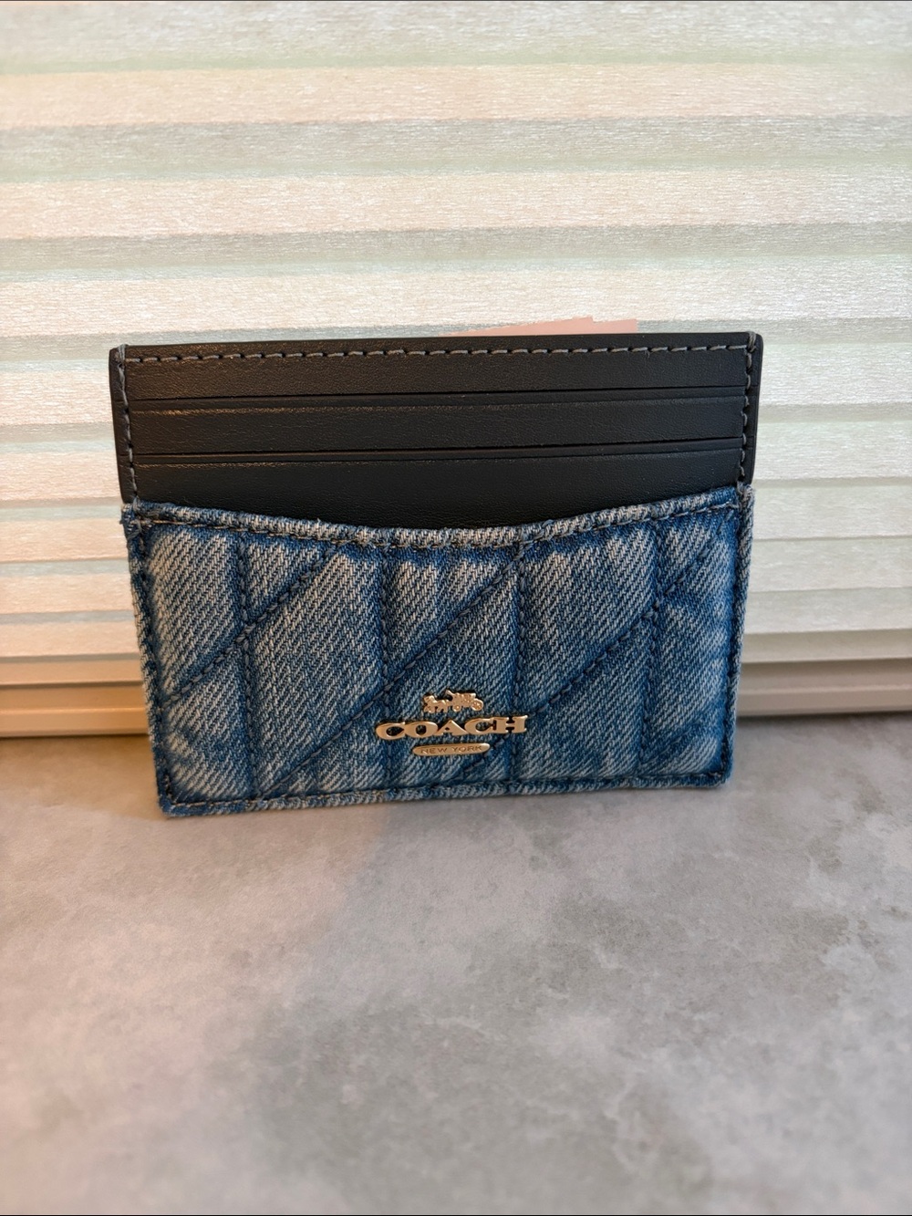 Coach Denim Quilted Card Holder with Black Leather Top